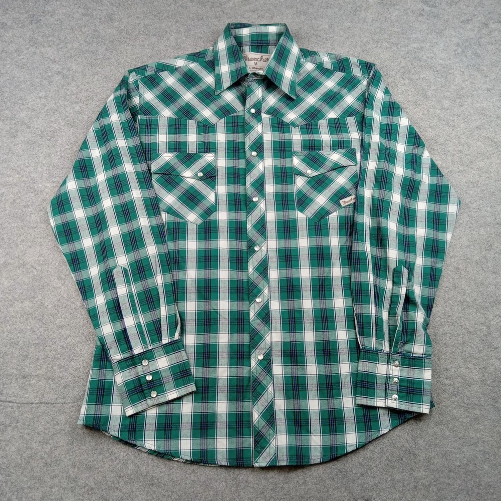 Wrangler Shirt Mens Medium‎ Green Plaid Western Snap Front Long Sleeve Casual